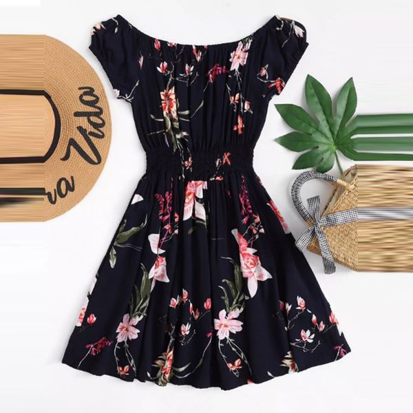 

casualÂ summerÂ dressÂ womenÂ clothesÂ 2019Â summer women fashion short sleeve beach o-neck printed short dress vestidos 42, Black;gray