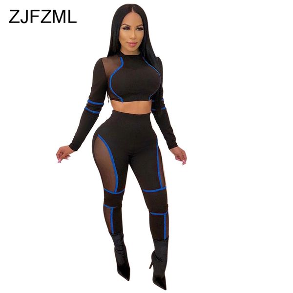 

2 piece outfits for women sportswear suits long sleeve mesh spliced crop see through fitness pants casual matching set, White