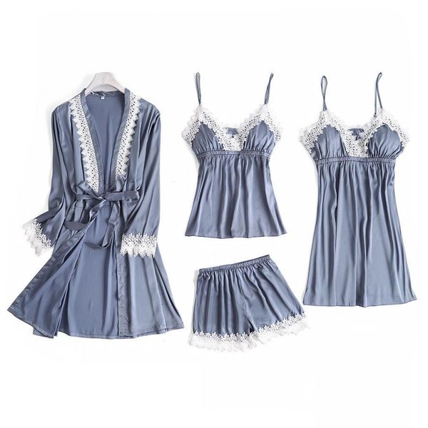 

trim slim pajamas suit 3pcs cami+strap+pant+robe home clothing summer new sleepwear nightgown casual femal sleep set -xl, Blue;gray