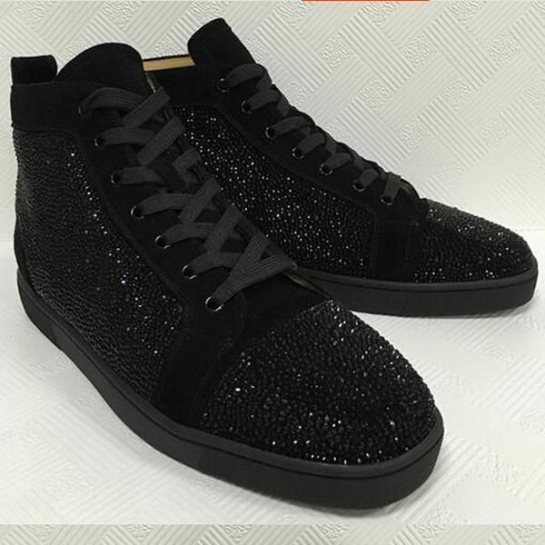 

special offer 2018 suede & black rhinestone strass red bottom shoes men women's flat red sole high-sneaker lace-up casual shoes lll