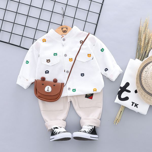 

0-4 years boy girl clothing set 2019 new autumn sport active solid kid suit children baby clothing shirt+pant, White