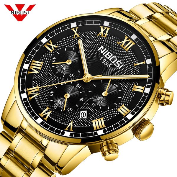 

nibosi men sports watches mens full steel quartz gold clock montre man waterproof wrist watch relogio masculino, Slivery;brown