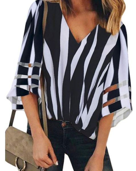 

new european and american women's jacket, amazon v-neck net yarn stitching bell sleeve striped printed shirt, White