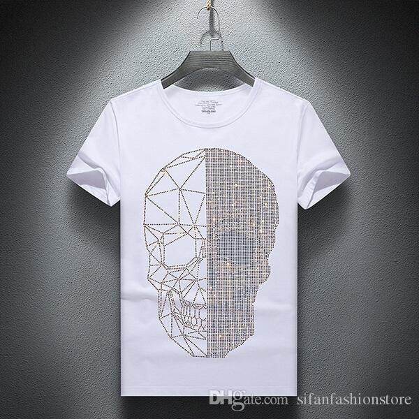 

летний топ мужские черепа стразы футболки модальный хлопок o образным вырезом с коротким рукавом тонкий футболка, White;black