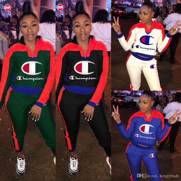 

Champion women two piece outfit letter embroidered zipper neck long leeve crop pocket long pant et white black green blue