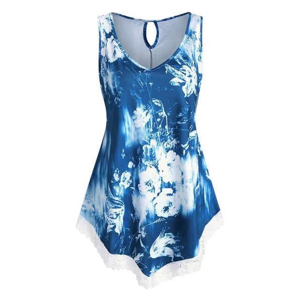 

vintage women girl plus size sleeveless tie-die tank floral print blouse pullover debardeur femme back hollow shirt l-5xl, White