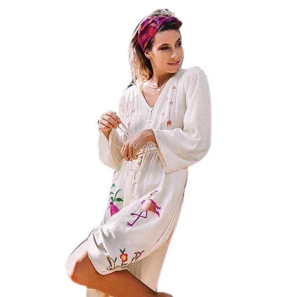 

women v neck long sleeve floral embroidery casual cover-up white dress fashion full length summer, Blue;gray