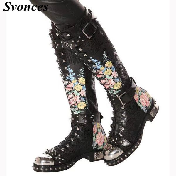 

european winter boots women luxury floral embroidery motorcycle punk knee high boots flat studded genuine leather botas feminina, Black