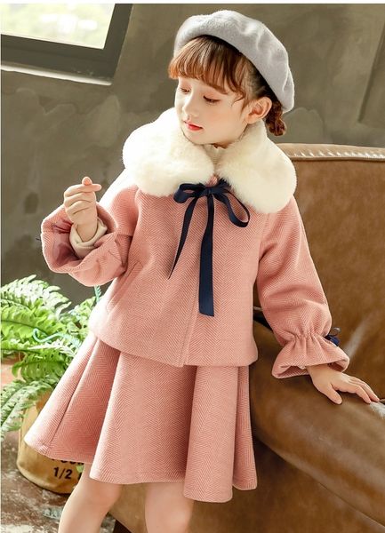 

детская одежда осень зима с длинным рукавом лацкан пальто + жилет платье рождественская девочка, White