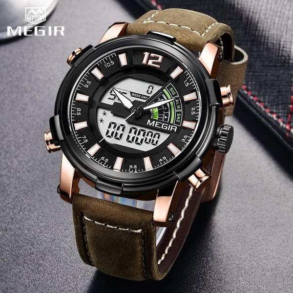 

megir men's led analog quartz watch men waterproof digital sport watches male clock 2019 relogio masculino, Slivery;brown