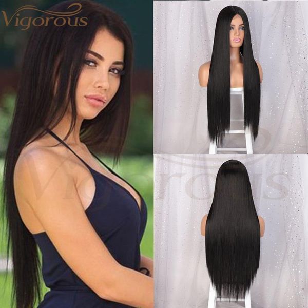 

synthetic wigs vigorous wig black long straight midpoint for women gluless with natural hairline