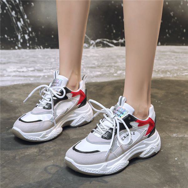 

new chunky fashion sneakers pu leathable women thick sole female shoes woman sport lace-up round toe comfortable shoes z14-71, Black