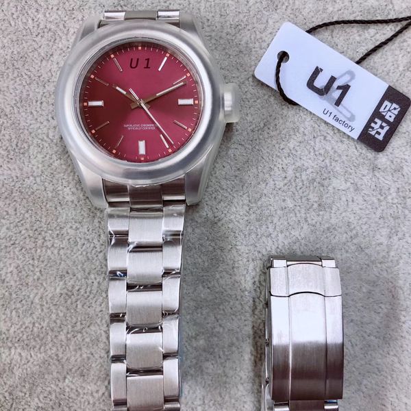 

u1 factory automatic mechanical datejust mens watches 39mm simple red dial sapphire outdoor men watch with index hour markers, Slivery;brown