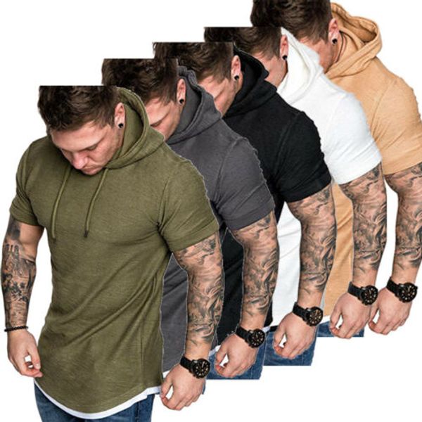 

mens fit slim summer t-shirt casual shirt clothes hooded muscle tee hip hop hooded streetwear sweatshirt short sleeve tshirt, White;black