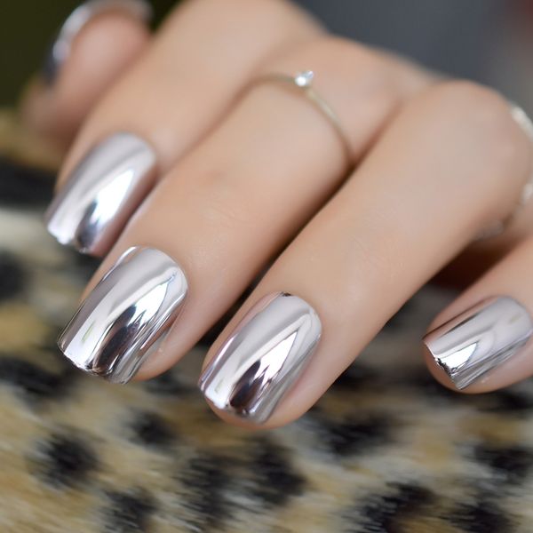 

light purple mirror false nails quality ladies faux ongle tips short size square metal art diy nails, Red;gold