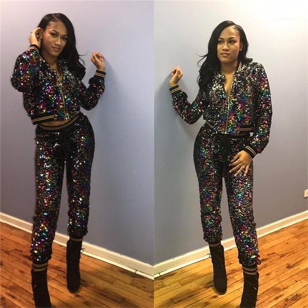 

crew neck long sleeve fashion style female clothing casual suits apparel autumn womens designer 2pcs pants sequins, White