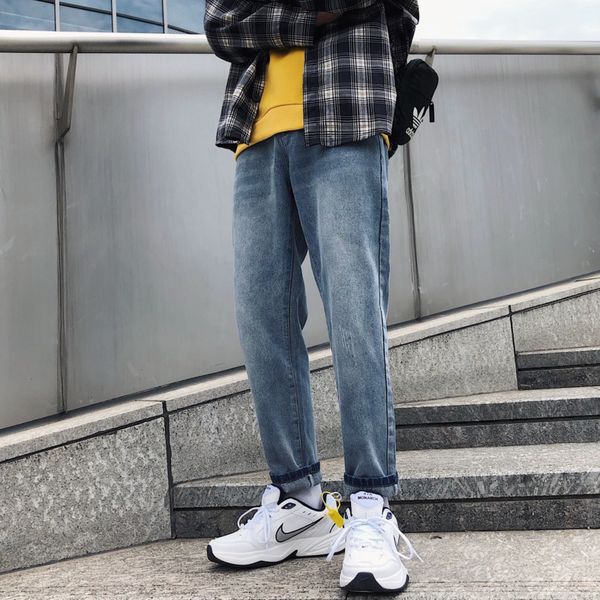 

autumn and winter new boutique men's casual jeans youth solid color warm simple loose large size fashion temperament, Blue