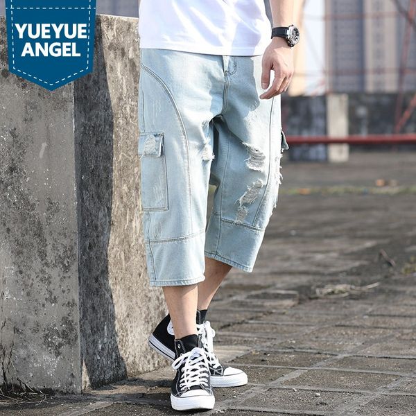 

summer japan style washed denim calf length pants men high street loose plus size 42 hole ripped multi pockets jeans harem pants, Blue