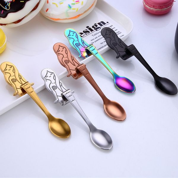 

4pcs stainless steel spoon set mermaid coffee spoon sugar dessert ice cream teaspoon cup soup hanging spoons kitchen tools