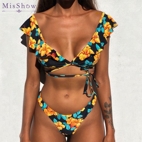 

bikinis 2019 mujer biquini thong bikini set floral print swimwear women ruffle bikini brazilian swimsuit beach bathing suit