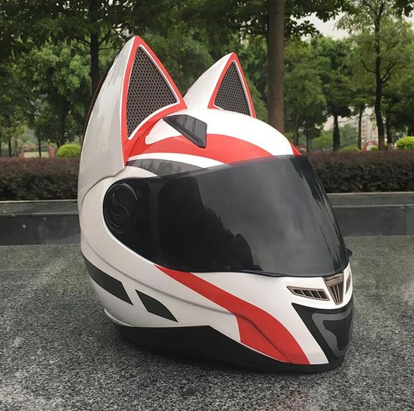 

2019 cat ears motorcycle helmet men's personality cool full face helmet locomotive anti-fog ladies cat ears white red