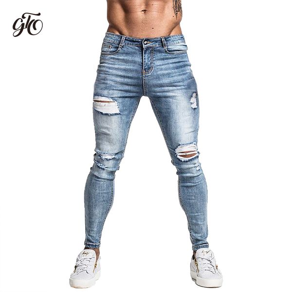 Gingtto Röhrenjeans für Herren, verblasst, blau, zerrissen, Distressed, Stretch, Hip-Hop, Slim-Fit-Hose, super aufgesprüht, repariert, Übergröße, Zm45, Y19072301