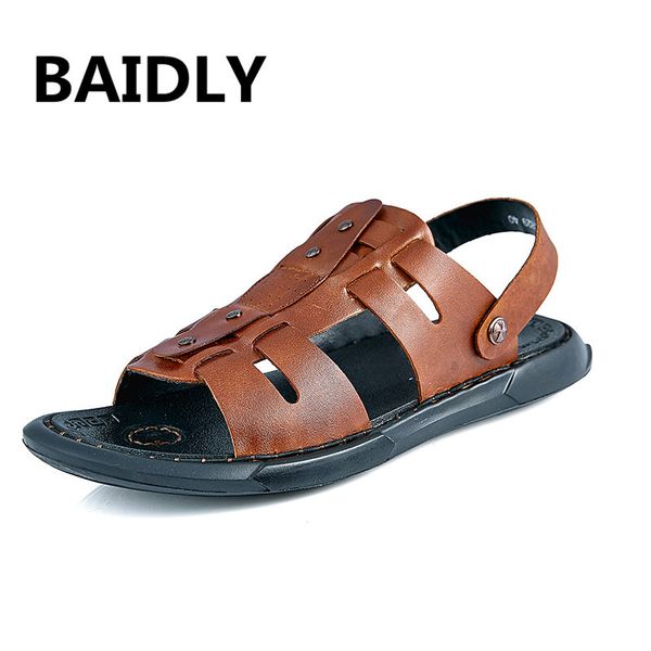 

summer men sandals genuine leather sandals rubber sole beach male shoes casual fashion men's slippers, Black
