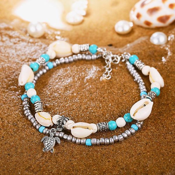 

fashion shell turtle pendant foot chain anklets bohemian beach alloy beaded layered anklet bracelet for women jewelry, Red;blue