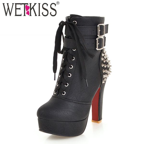 

wetkiss plus size 34-48 high heels thick boots women lace up round toe pu rivet boot female studded platform shoes 2020 winter, Black