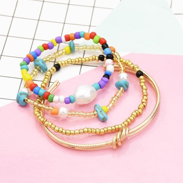 

4 pieces / set bohemian charm multi layered alloy bead bracelets for women boho crystal seed beads bracelets jewelry party gift, Golden;silver