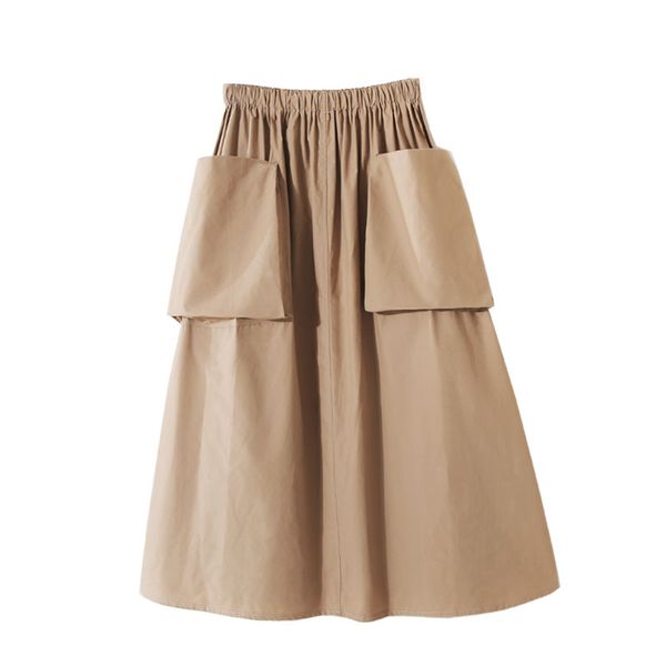 

women midi skirts 2019 summer vintage elastic high waist saias with pockets fashion female a-line cotton skirt faldas jupe femme, Black