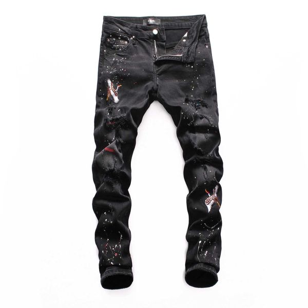 

2019 amiri mens jeans designer cangjie preston crane embroidery hole patch brand jeans fashion slim hip hop small feet motorcycle pants, Blue