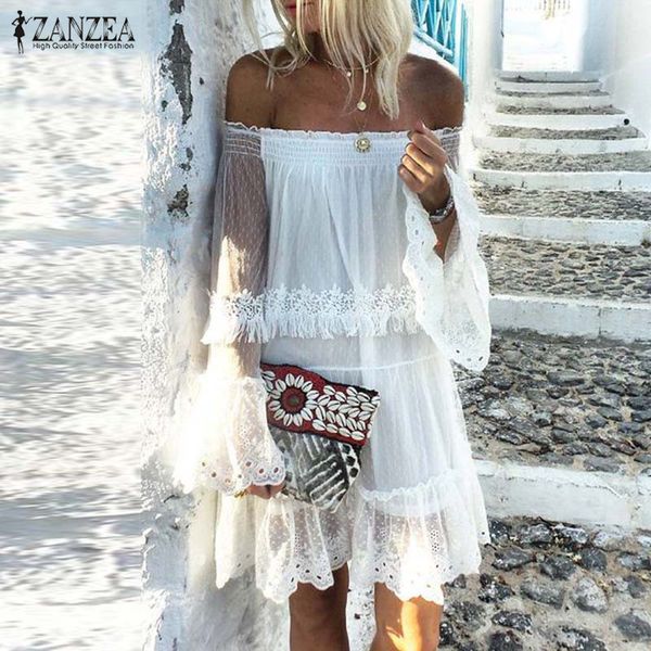 

off shoulder lace dress zanzea 2019 stylish women's sundress casual ruffle vestidos female white robe summer dress oversize, Black;gray