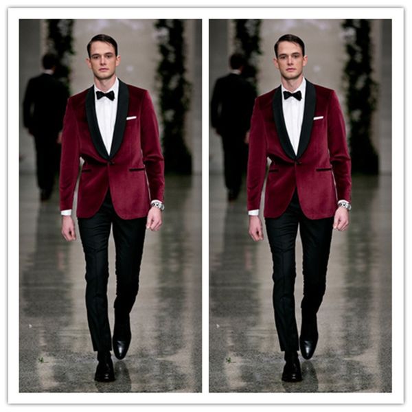 

desigen burgundy velvet groom tuxedos shawl lapel trim fit groomsmen wedding tuxedos men party suits((jacket+pants, Black;gray