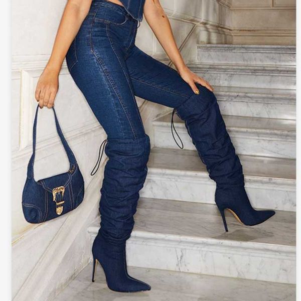 

prova perfetto 2020 spring women jeans over-the-knee boots high heels comfort denim pointed toe long boots high heels, Black