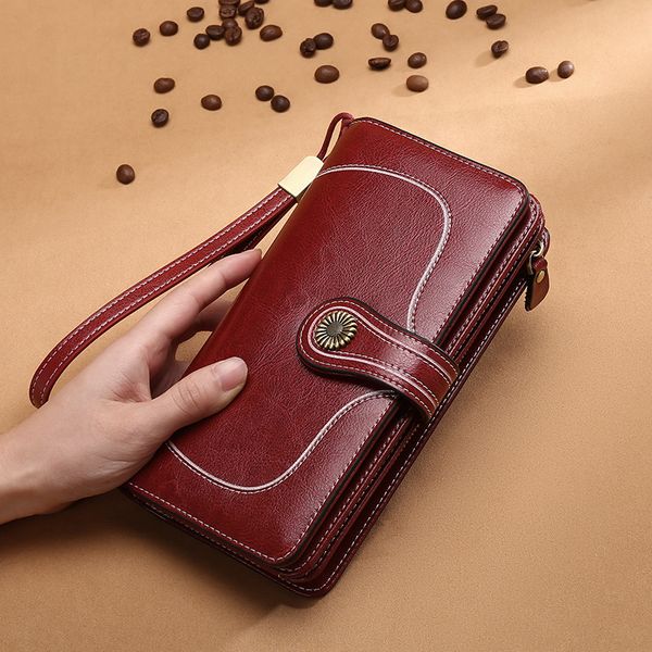 

rfid wallet for women large-volume genuine leather women's long wallet selling card holder retro embossing clutch bag, Red;black