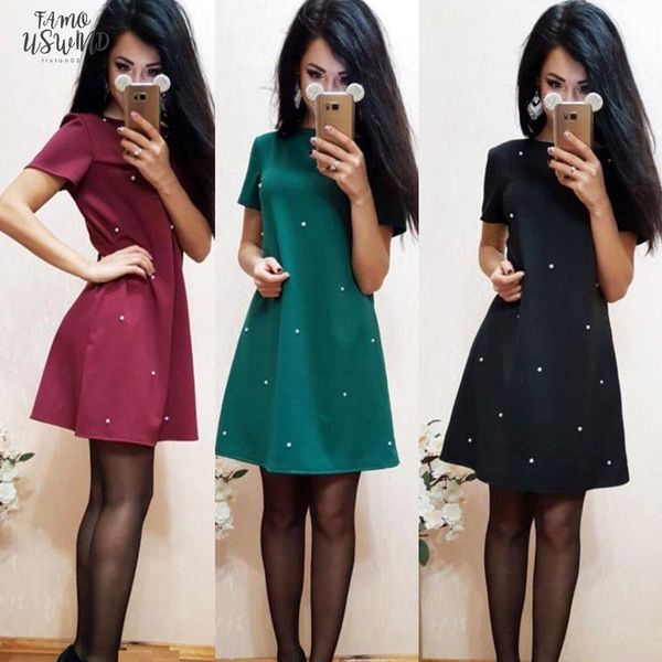 

simple fashion summer women dress short sleeve ball gown loose round collar bead decoration comfortable casual ladies dresses fs99, Black;gray