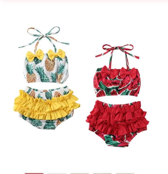 

summer swimsuit kid baby girl red watermelon and yellow pineapple swimwear swimsuit set bathing swimming clothes set, White