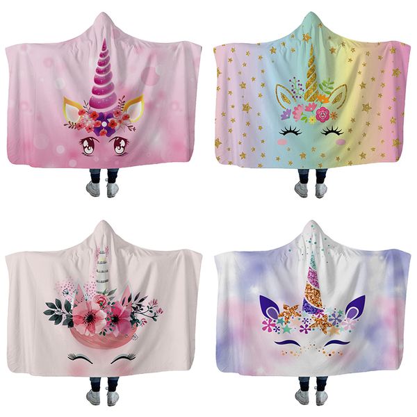 

cute unicorn printing hooded blanket portable travel outdoor warm cover blanket for adults children wearable throw