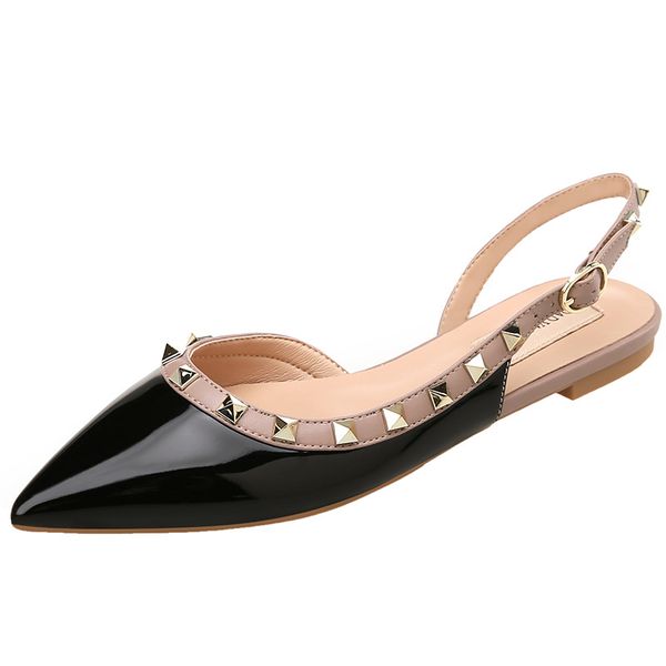

2020 fashion women shoes sandals patent leather rivet buckle leisure single shoes, Black
