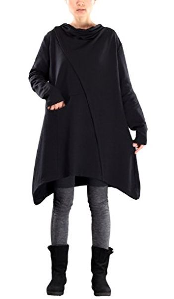 

mordenmiss women's pile collar sweatshirt twill asymmetry baggy midi dress pullover, Black;gray