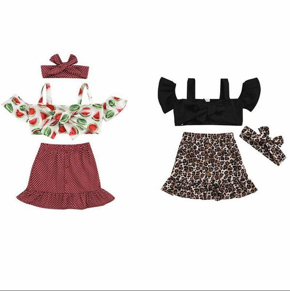 

baby girls clothes kids off shoulder suspender clothing sets summer leopard printed bowknot skirt headband suits watermelon sets ayp732, White