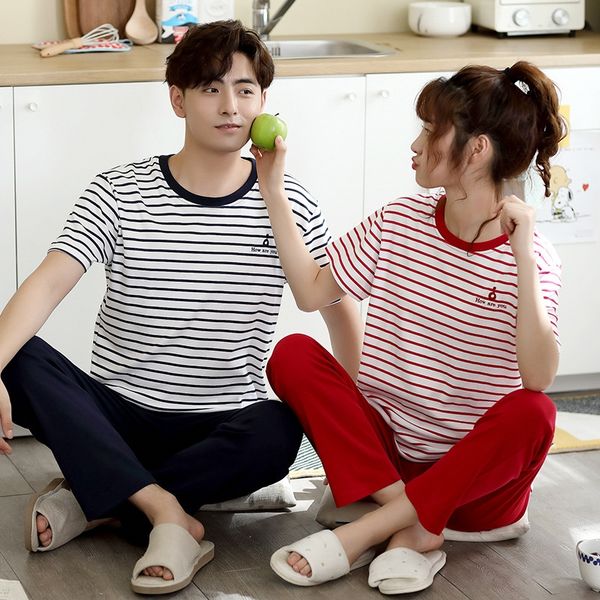 

youth striped pajamas couple simple cotton breathable round collar can pullover pajamas pullover wear outside home clothes set, Blue;red