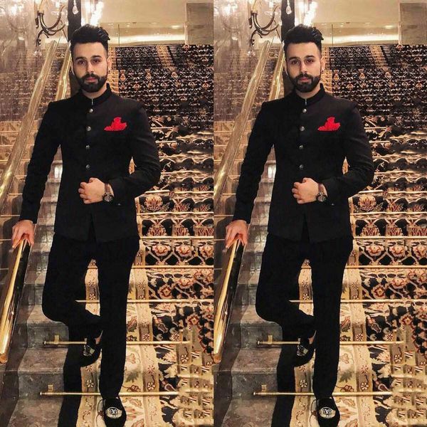 India Black Men Suits For Wedding Man Outfit Stand Collor Groom