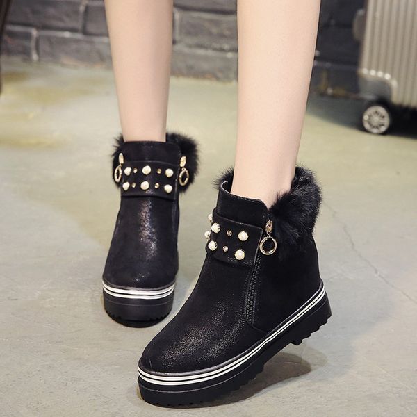 

nice cute fur women ankle boots comfortable spring autumn shoes woman flat high heels plain pearl boot, Black