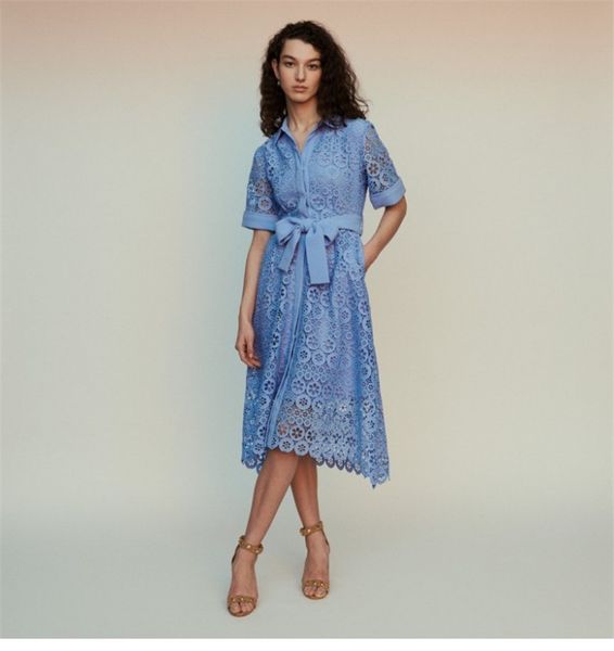 

runway women dress 2020 summer elegant short sleeve blue and white hollow out lace midi dress vestidos, Black;gray