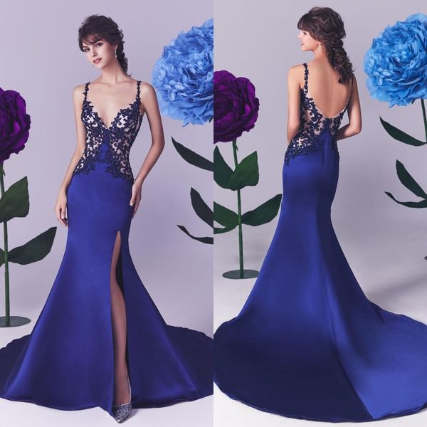 

royal blue lace mermaid evening dresses spaghetti straps high side split backless prom gowns sweep train satin formal dress ogstuff, Black