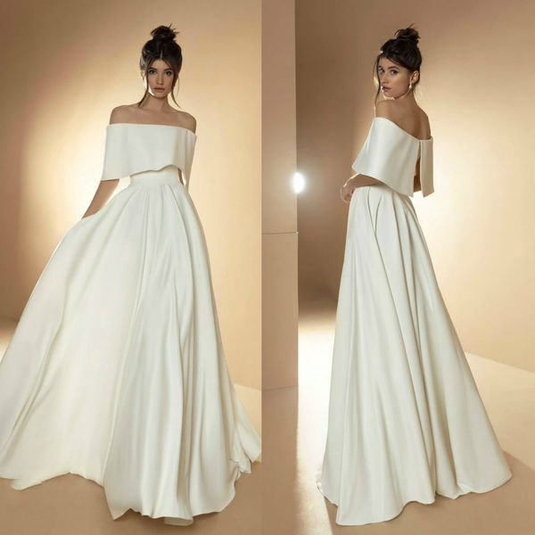 

2020 simple generous wedding dresses off-shoulder short sleeve satin wedding gown sweep train custom made vestidos de novia sell, White