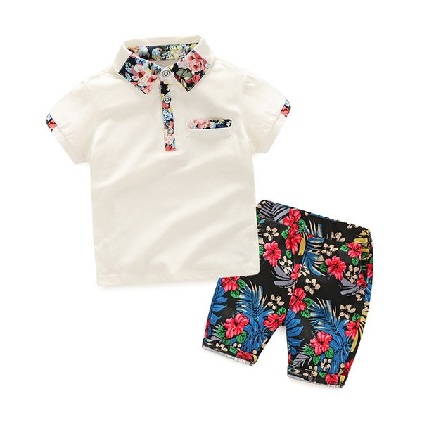 

2020 summer explosions children's clothing boys and girls spring luxury short-sleeved suit korean shirt + printed two-piece pants a4, Black