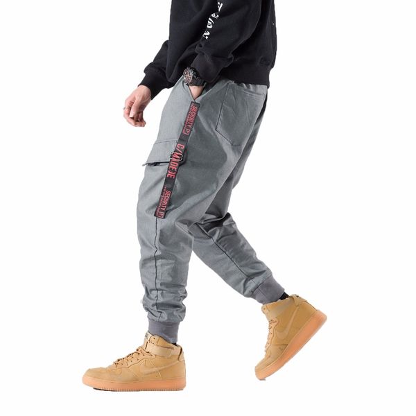 

2019 side pockets harem pants men grey cargo pants casual male elastic waist joggers ripped sweatpants man trousers, Black